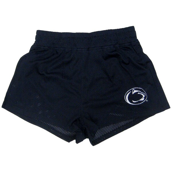 women's navy mesh track shorts with Penn State Athletic Logo on left thigh